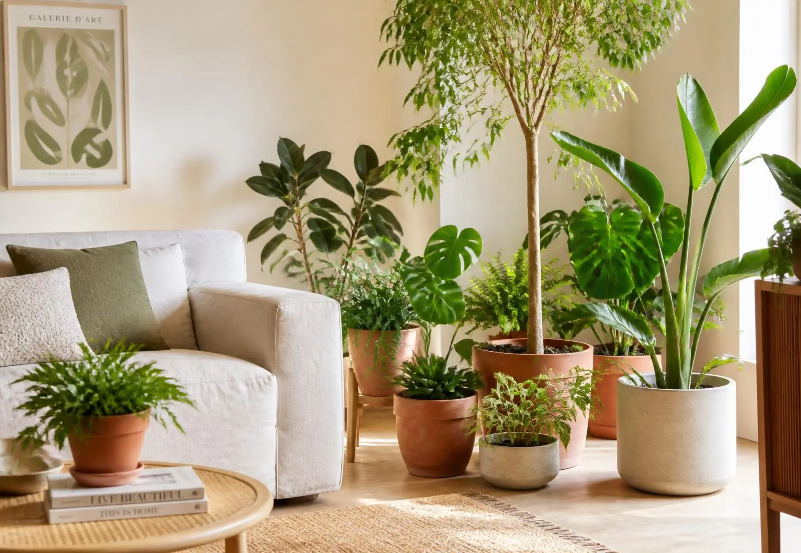 Rincón del local con plantas de interior en macetas de terracota