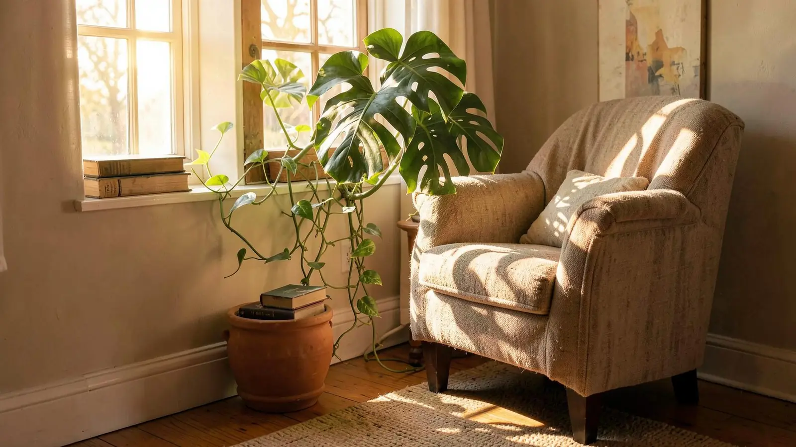 Sillón de lectura junto a una monstera iluminada por el sol de la tarde
